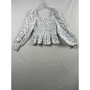 Dizzy Lizzy Smocked Peplum Top Women XL White Blue Floral Puff Sleeve Cotton